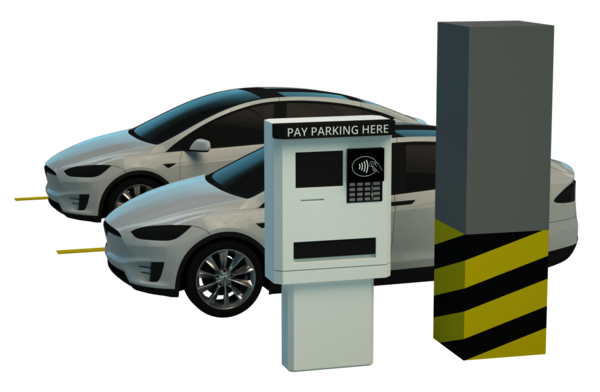 3D-Abbildung von parkenden Autos und Parkscheinautomat